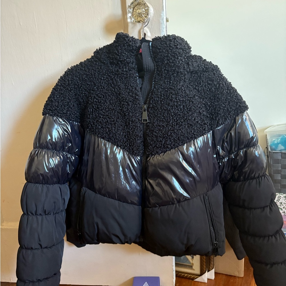 DKNY Black Puffer Jacket with Textured Detail